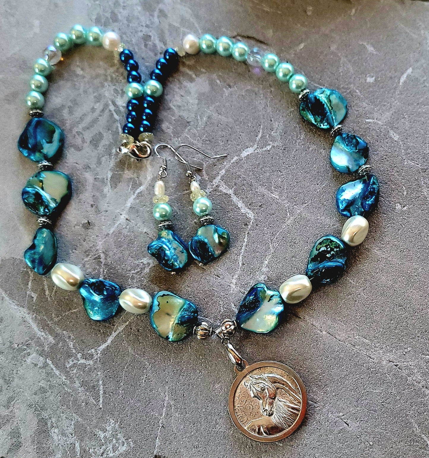 Pewter Horse Medallion Teal Shell & Pearl Necklace and Earring Set