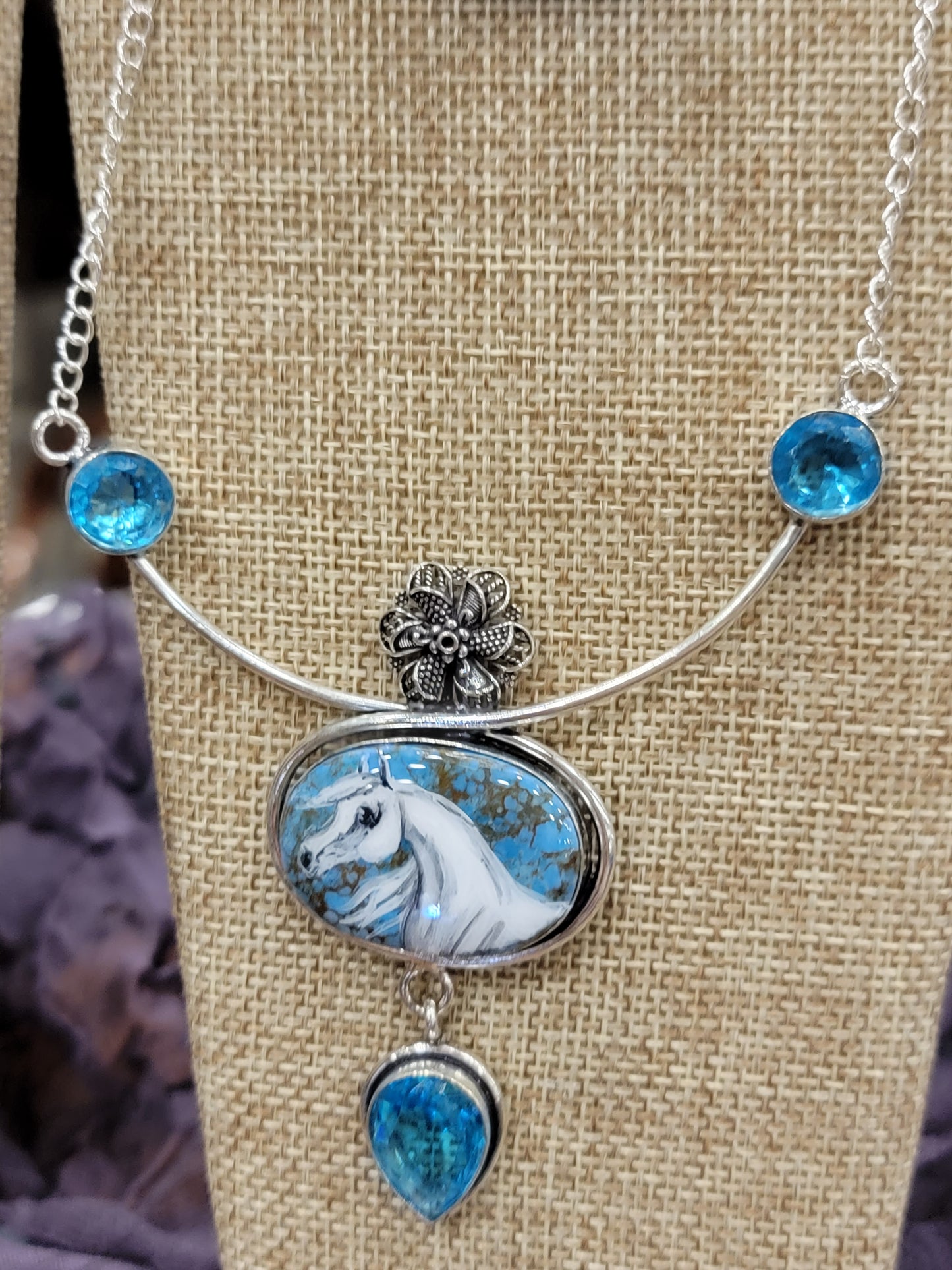 Hand Painted Grey Arabian Sterling Silver Necklace Turquoise and Topaz Gemstones