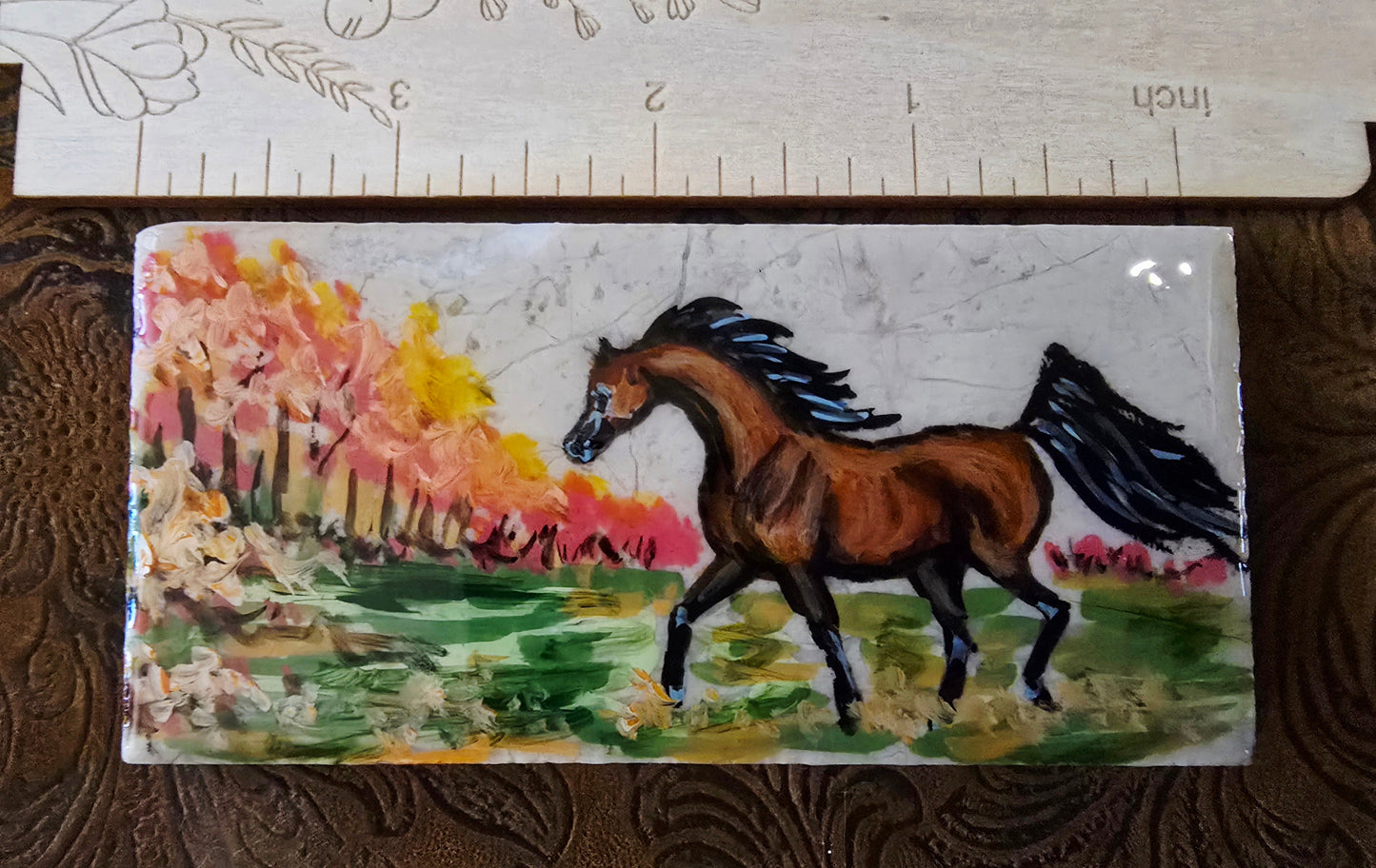 Handpainted Horse Scene Marble Tile – Original Art