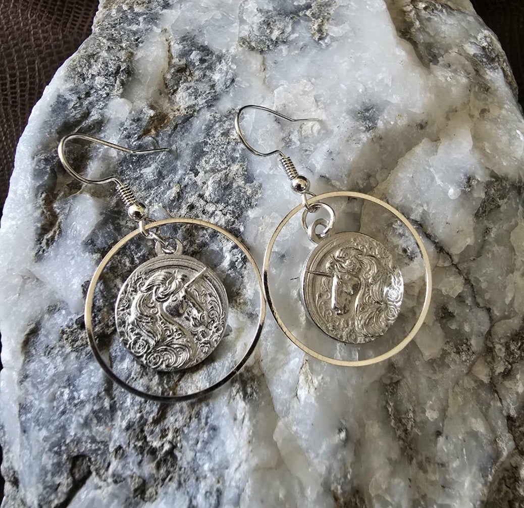 Pewter Unicorn Hoop Earrings Fantasy Horse Jewelry