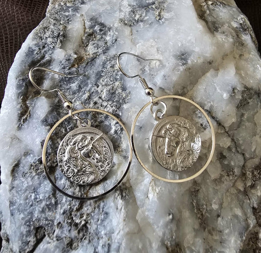 Pewter Unicorn Hoop Earrings Fantasy Horse Jewelry