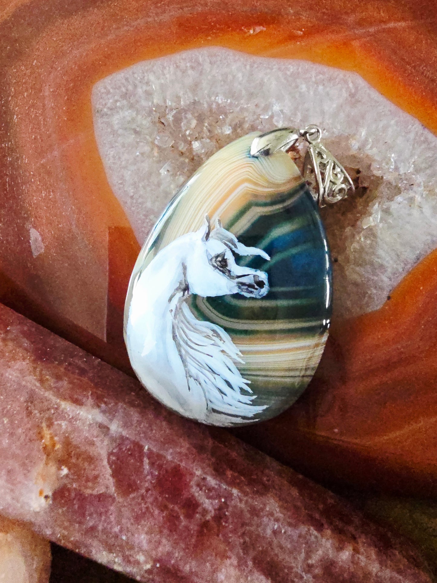 Hand-Painted Arabian Horse Pendant — Botswana Agate