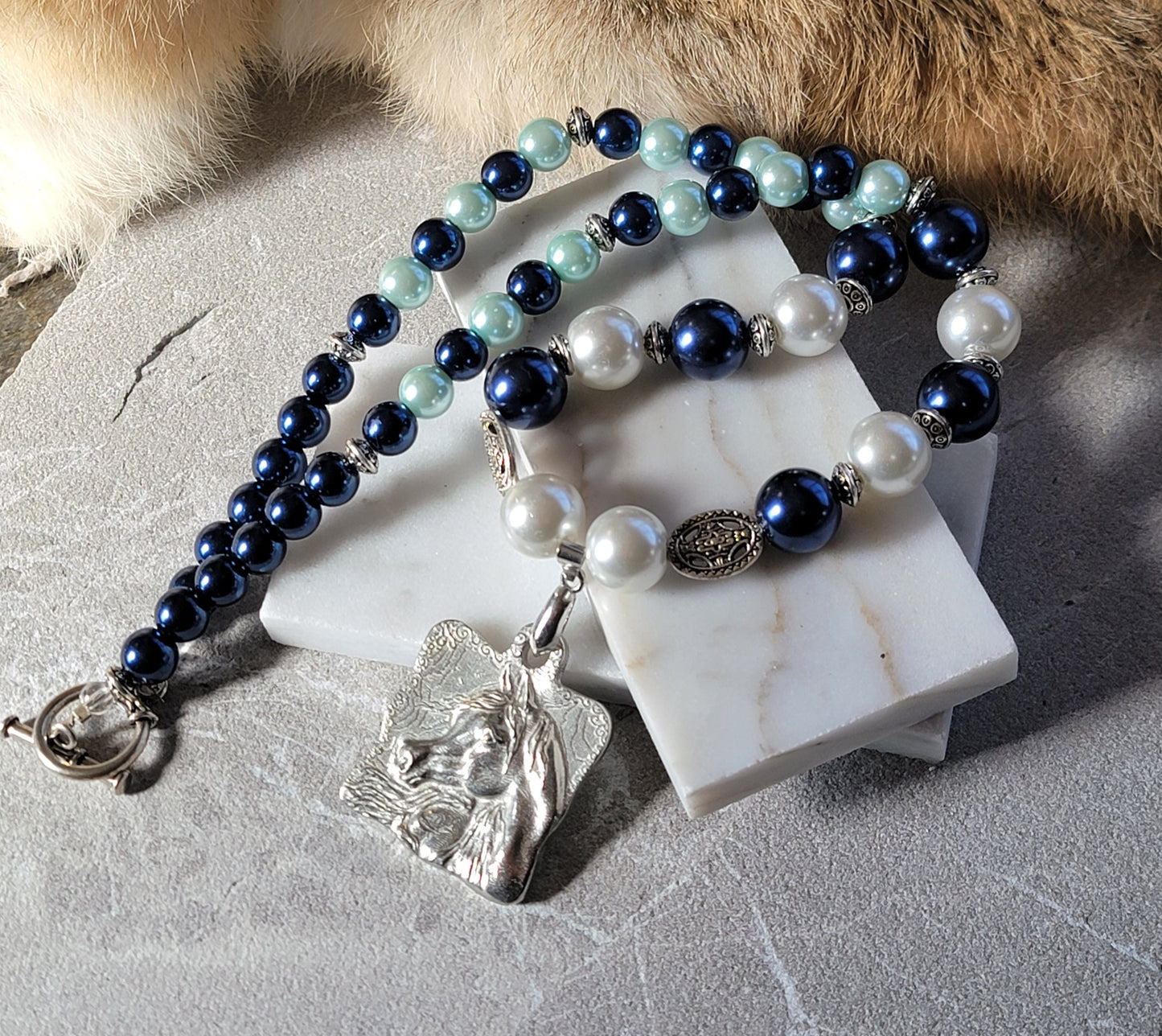 Arabian Horse Glass Pearl & Pewter Necklace with matching earrings