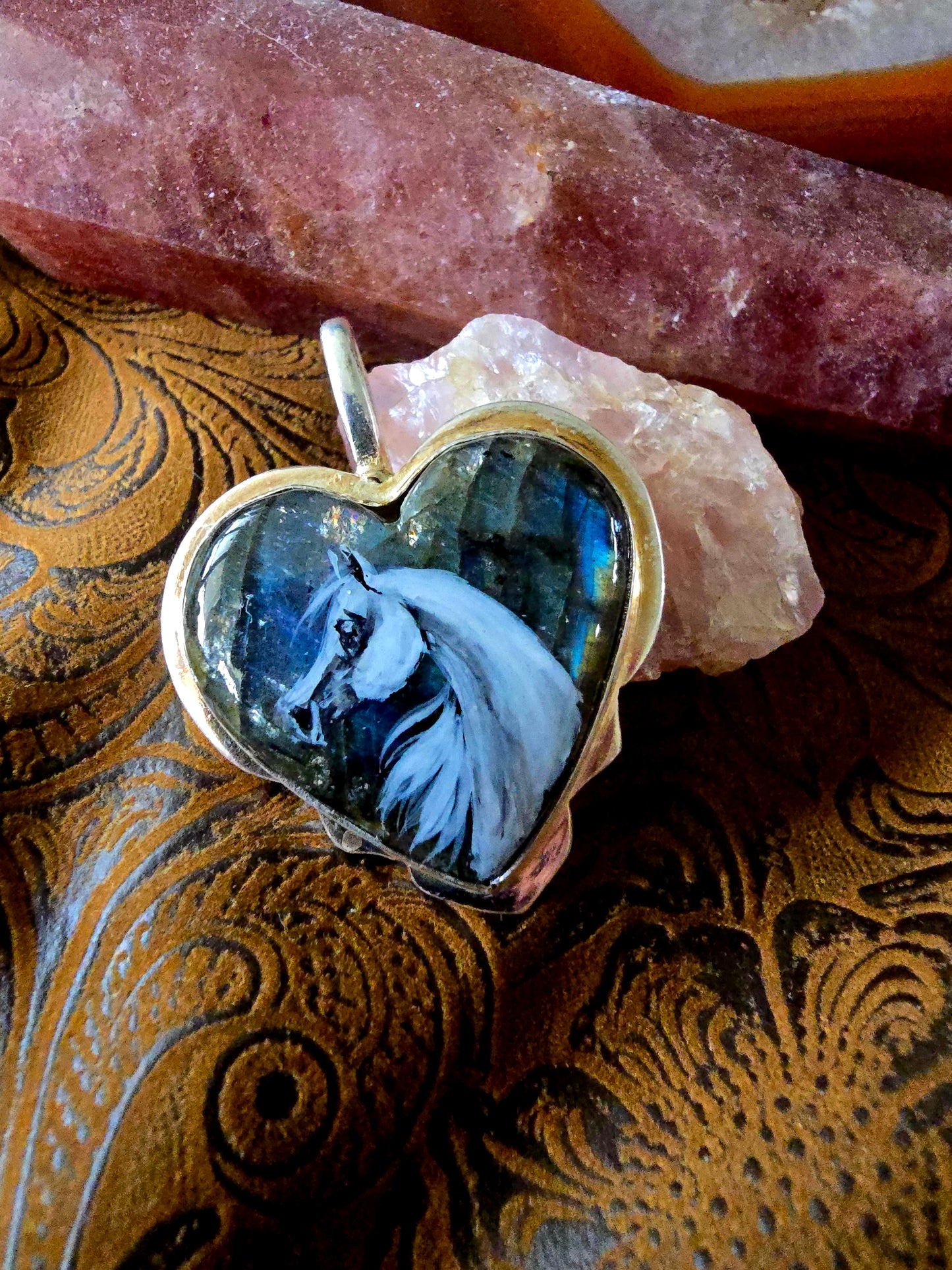 Heart Labradorite Horse Pendant – Handpainted Original Art