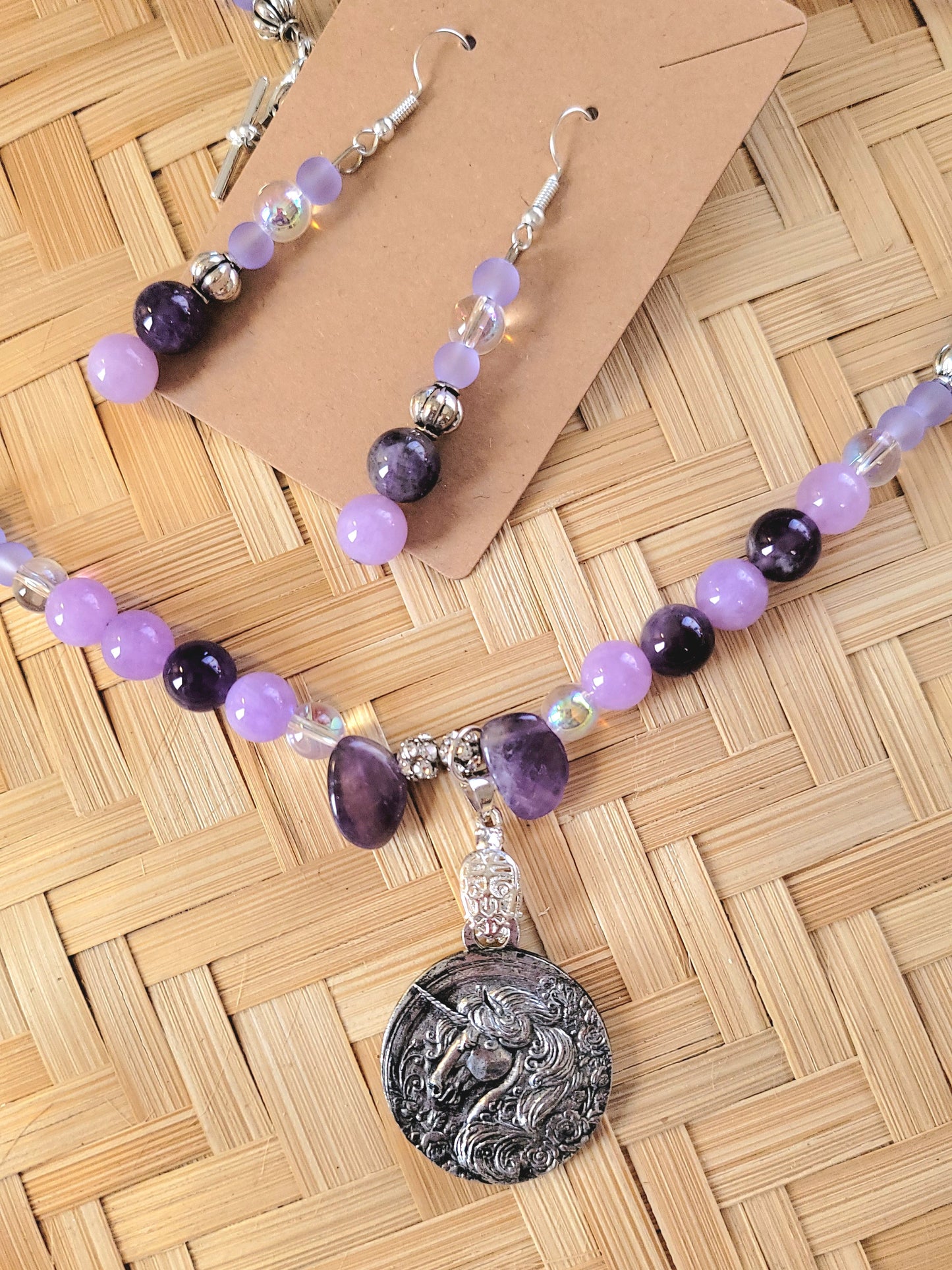 Beaded Unicorn Horse Pewter Necklace set