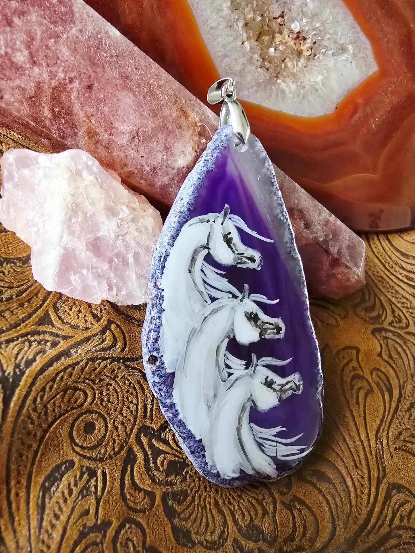 Hand-Painted Three Horses Pendant — Purple Dyed Brazilian Agate Slice