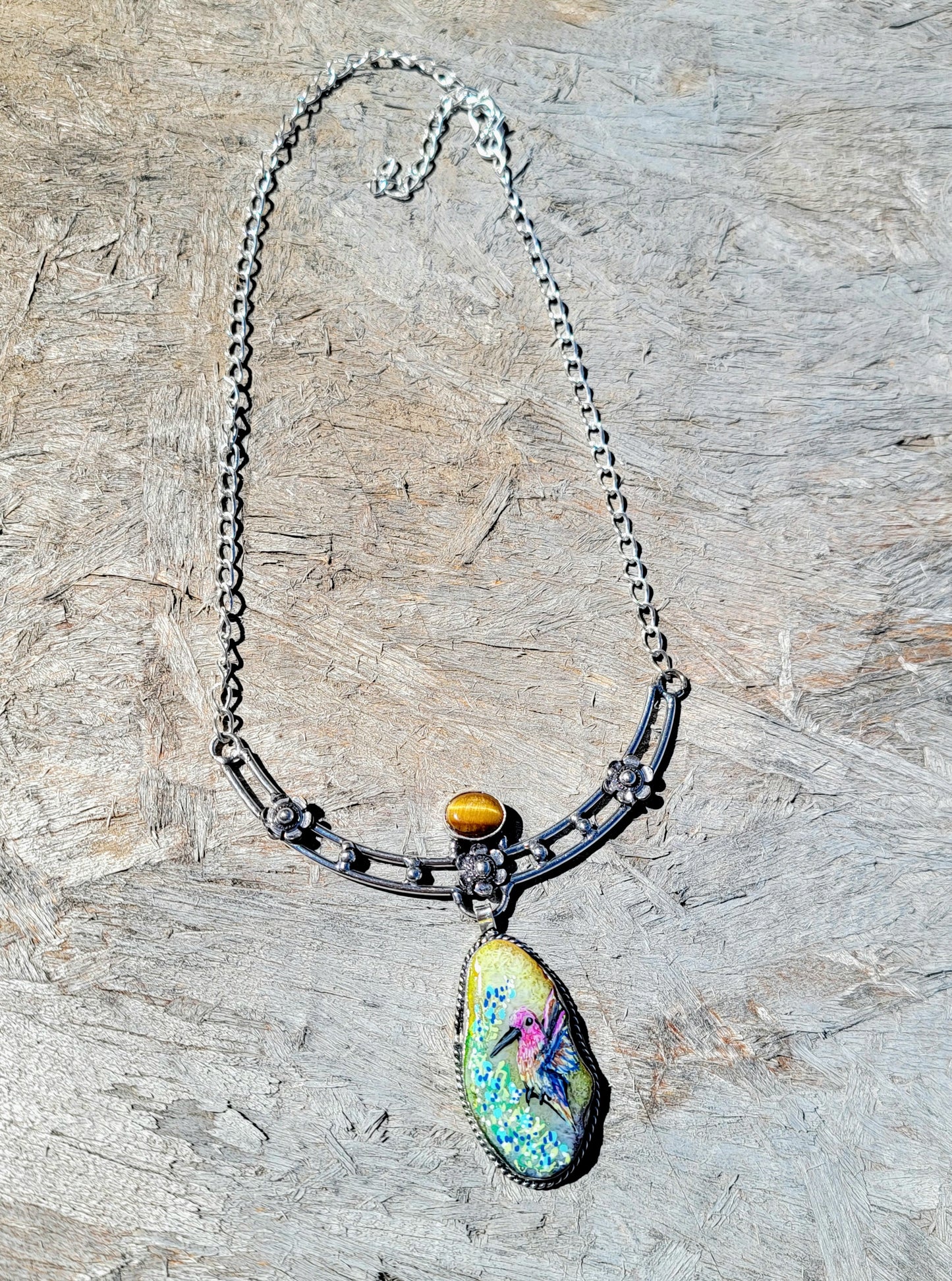 Hand Painted Hummingbird Solar Quartz & Tiger Eye Sterling Silver Necklace