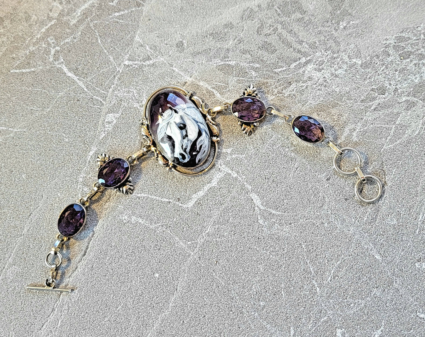 Sterling Silver Hand Painted Horse Cameo Amethyst Bracelet