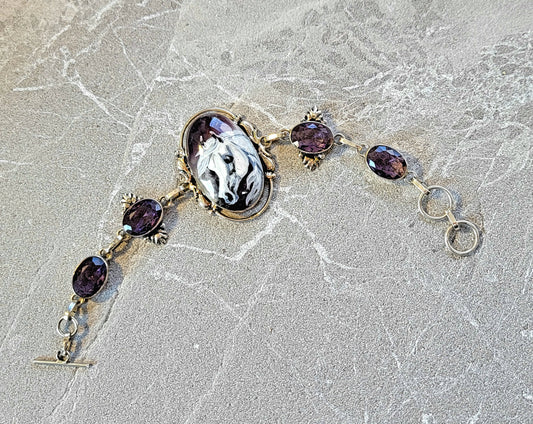 Sterling Silver Hand Painted Horse Cameo Amethyst Bracelet