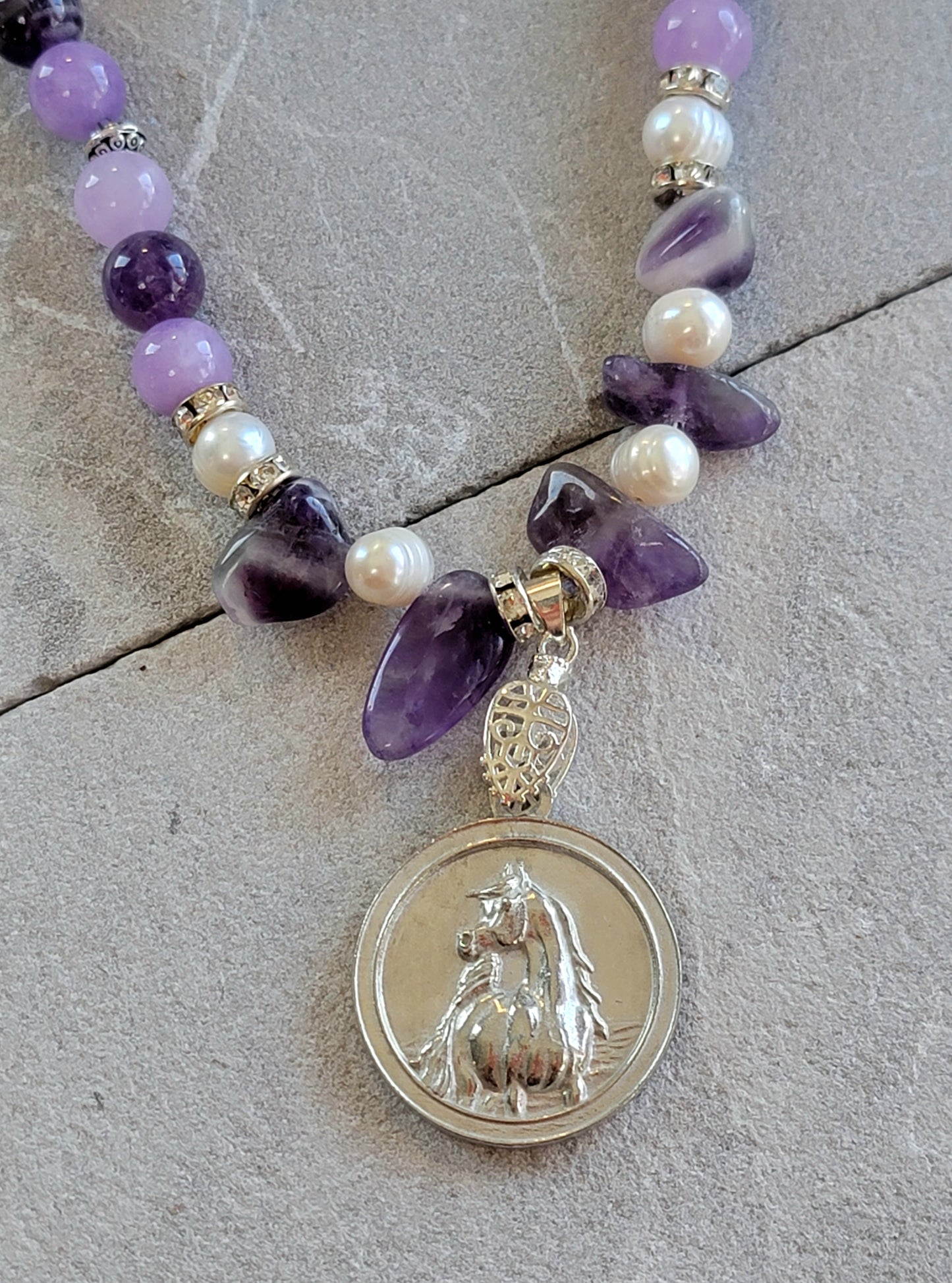 Arabian Horse Pewter Medallion Amethyst Pearl & Sea Glass Necklace and Earring Set