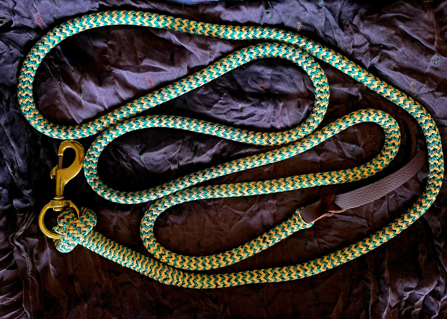 Handcrafted 10' Lead Rope with Leather Popper — Tan, Turquoise & Black