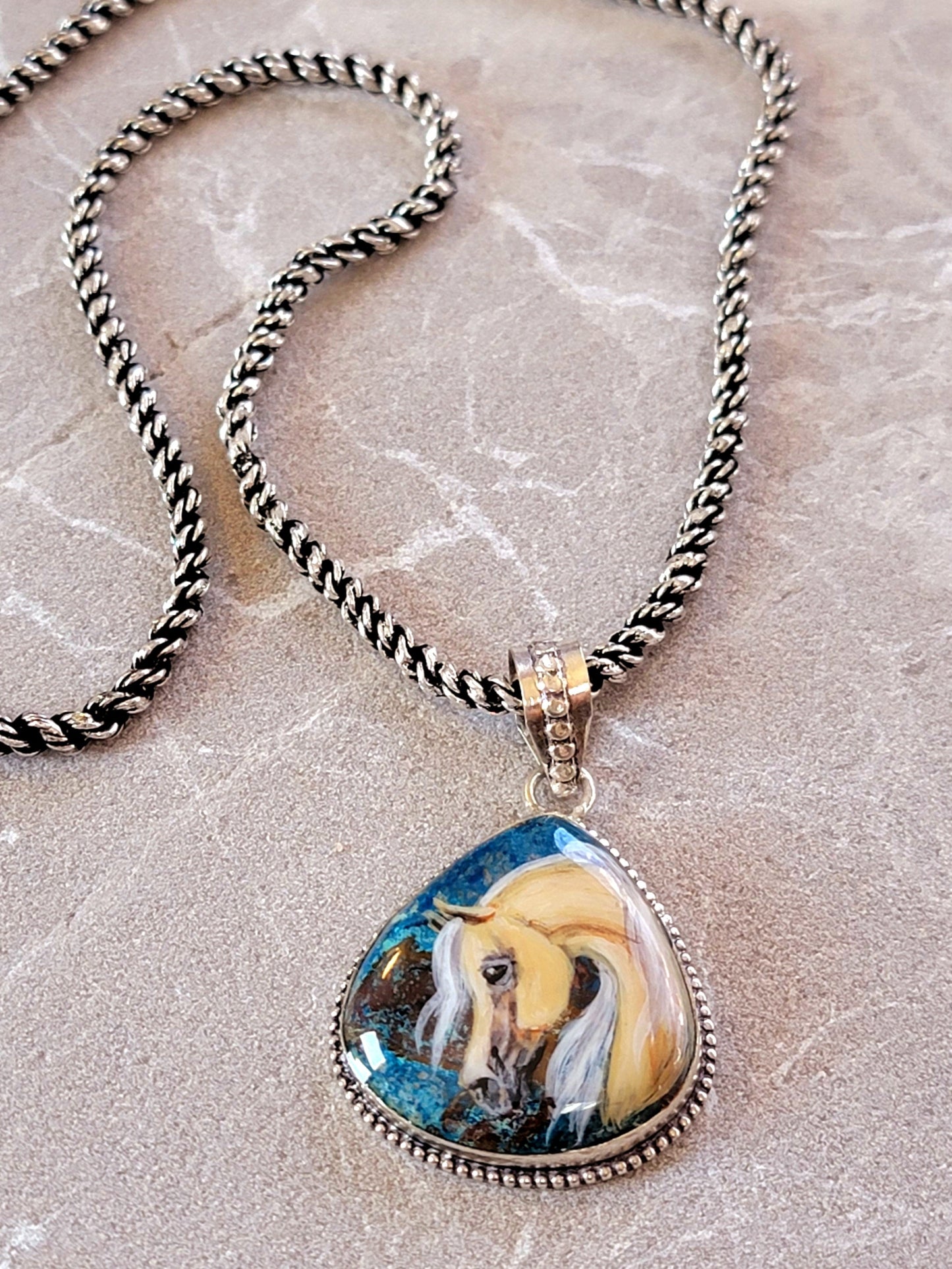 Hand Painted Palomino Horse Chrysocolla Sterling Silver Necklace