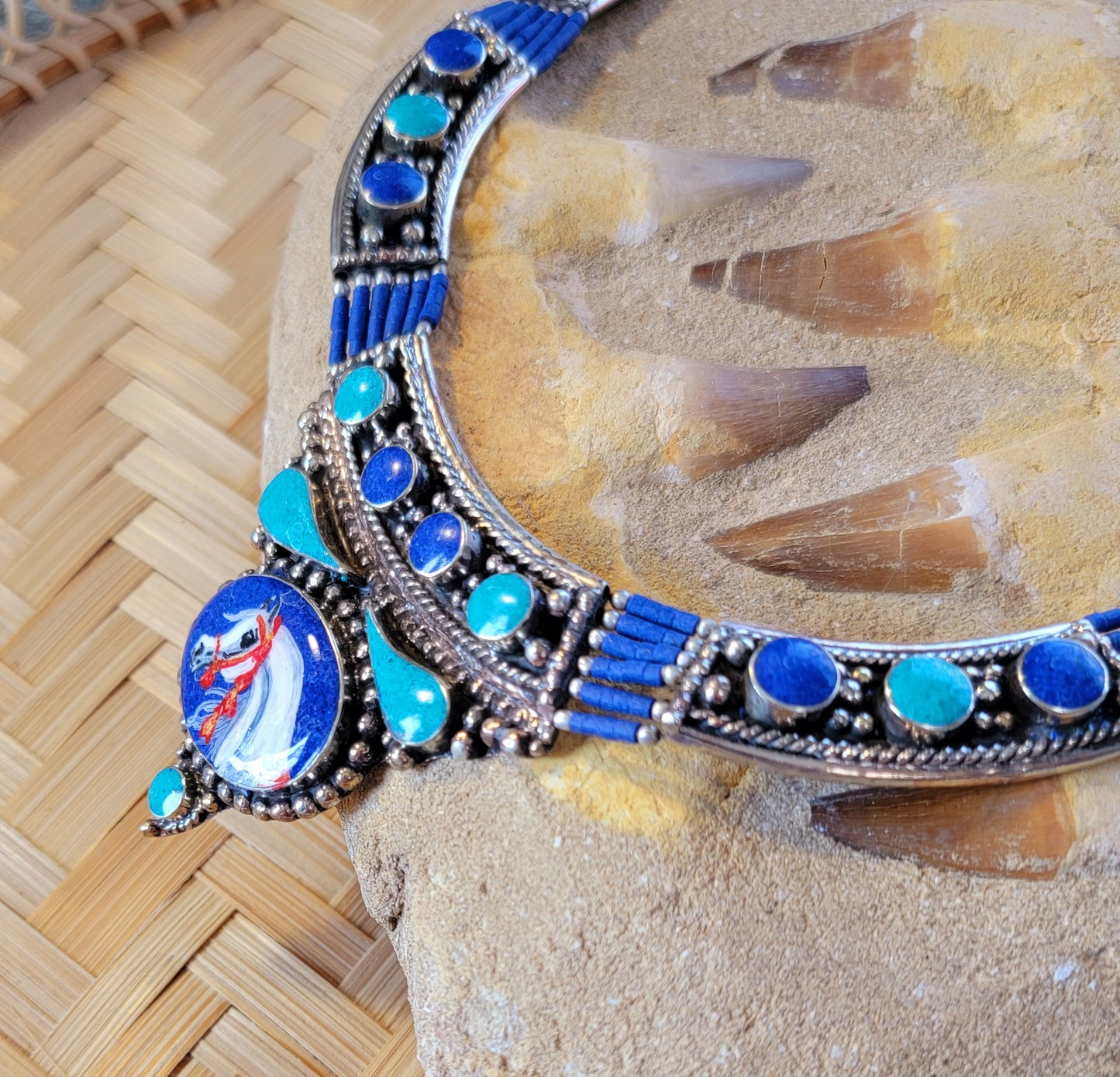 Sterling Silver Bedouin tribal Necklace Hand Painted Arabian Horse