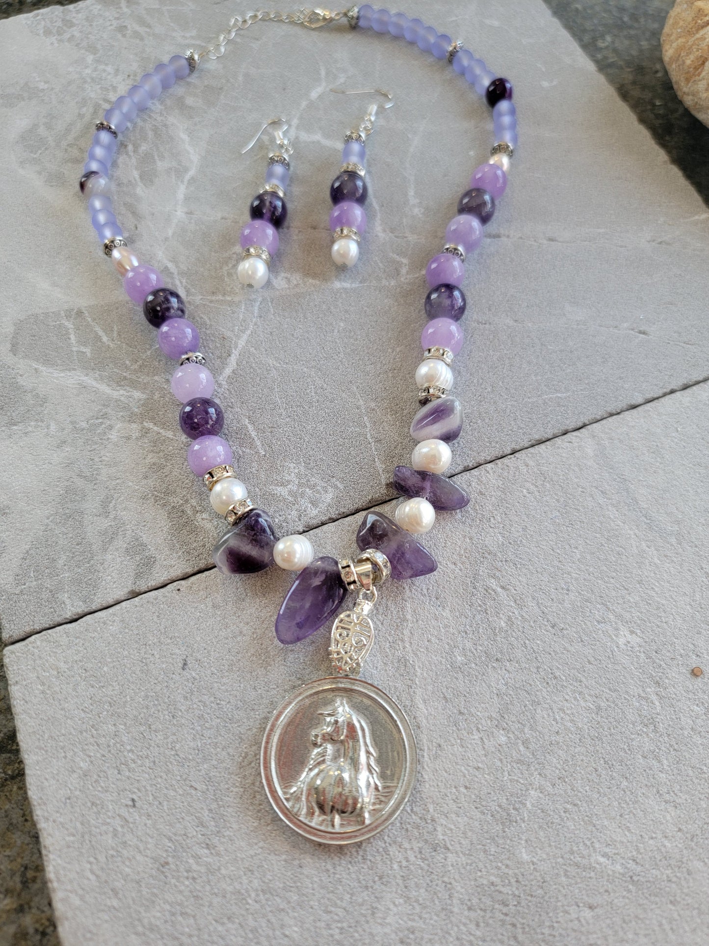 Arabian Horse Pewter Medallion Amethyst Pearl & Sea Glass Necklace and Earring Set