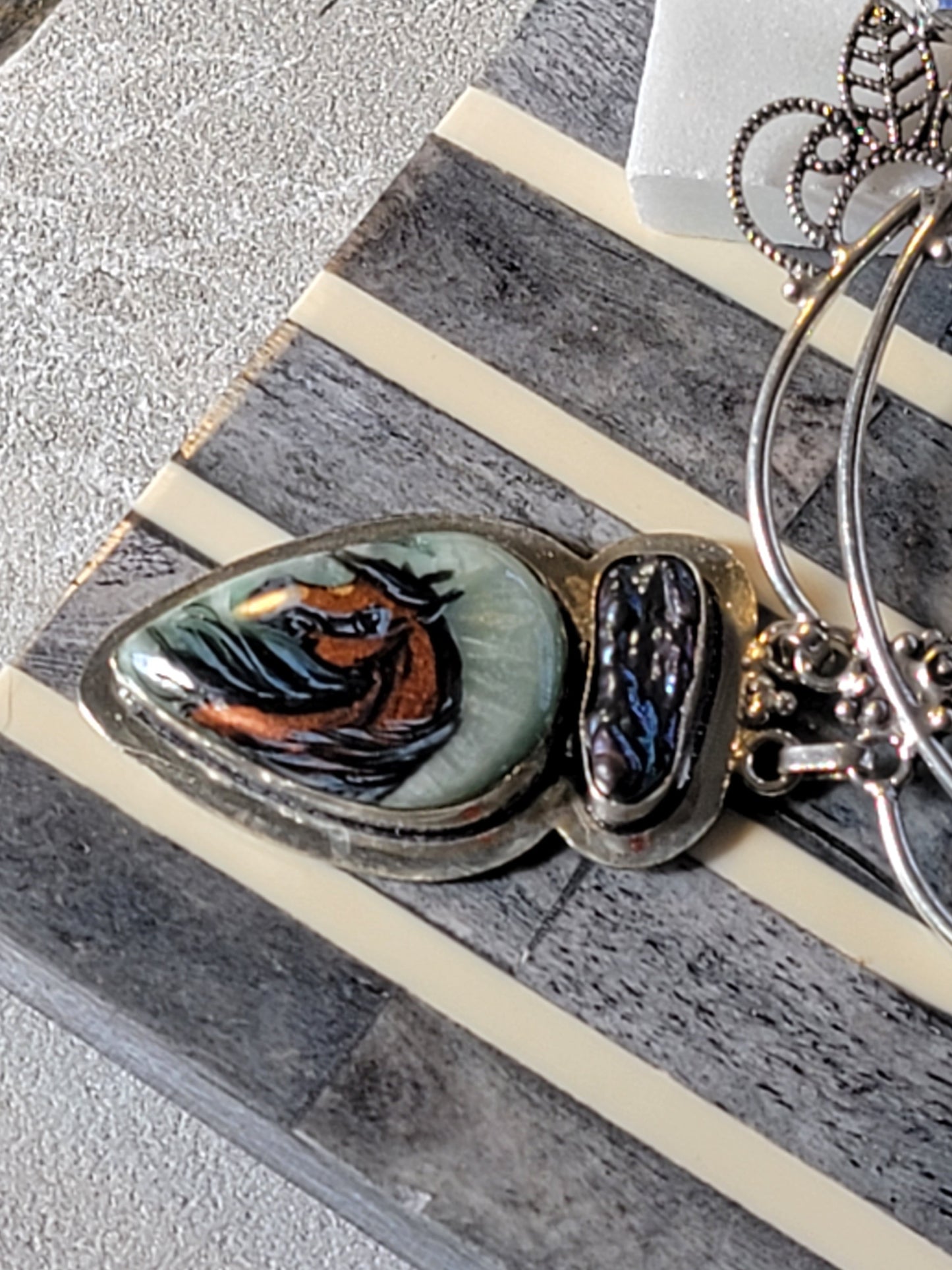Hand-Painted Bay Horse Gemstone Necklace | Sterling Silver | Adjustable 20"