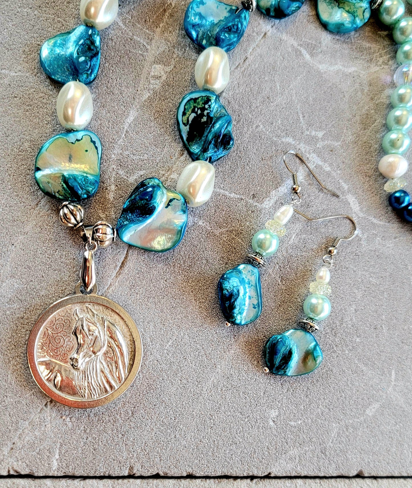 Pewter Horse Medallion Teal Shell & Pearl Necklace and Earring Set