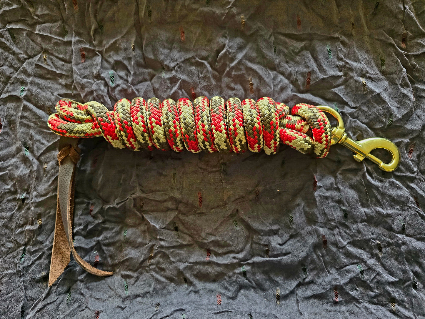 Handcrafted 10' Lead Rope with Leather Popper — Brown, Red & Tan