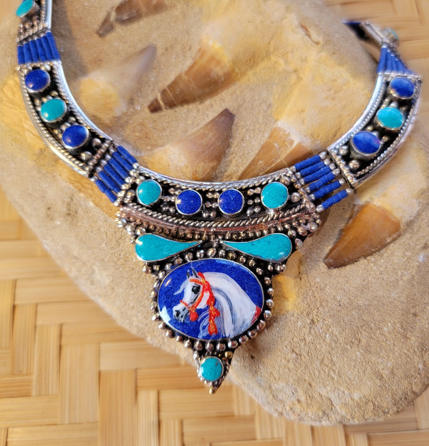 Sterling Silver Bedouin tribal Necklace Hand Painted Arabian Horse