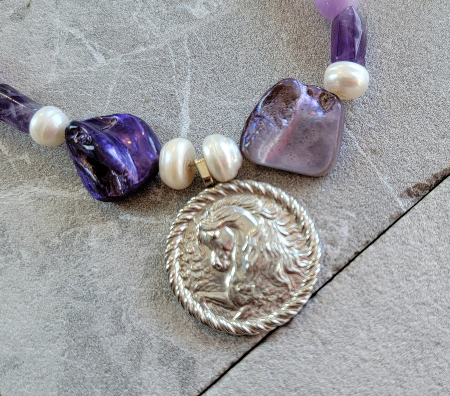 Exquisite Arabian Pewter Amethyst Pearl & Shell Necklace and Earring Set
