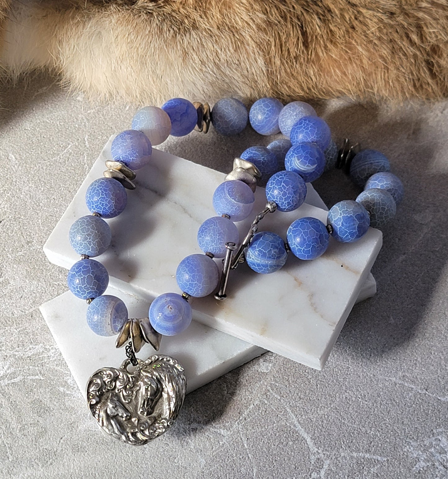 Blue Agate Mare & Foal Pewter Heart Charm Bracelet — Sterling Silver Toggle Clasp