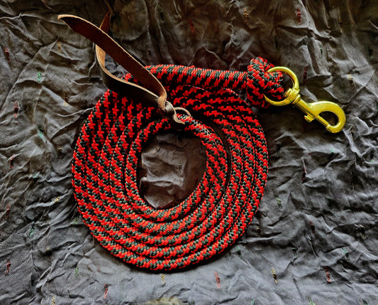 Handcrafted 10' Lead Rope with Leather Popper — Red & Black