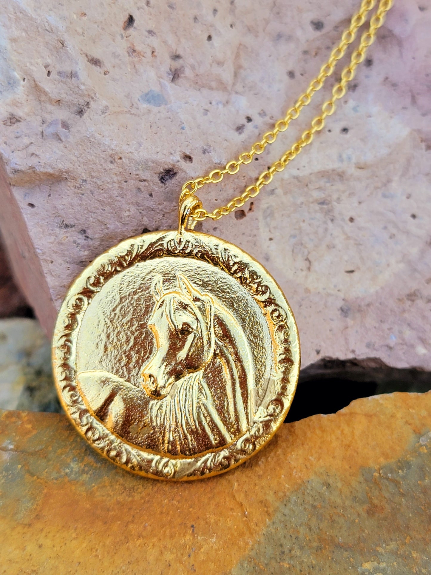 18K Gold Plated Arabian Horse Coin Medallion Necklace