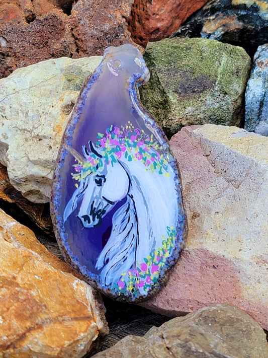 Hand-Painted Unicorn Purple Agate Slice Pendant — Bail Included