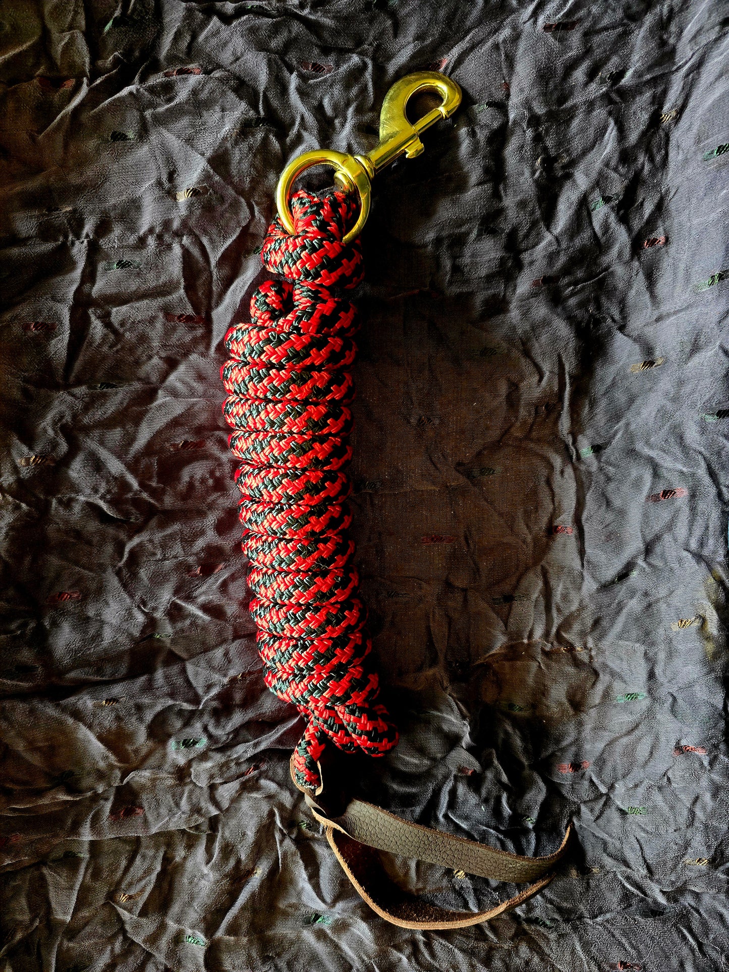 Handcrafted 10' Lead Rope with Leather Popper — Red & Black