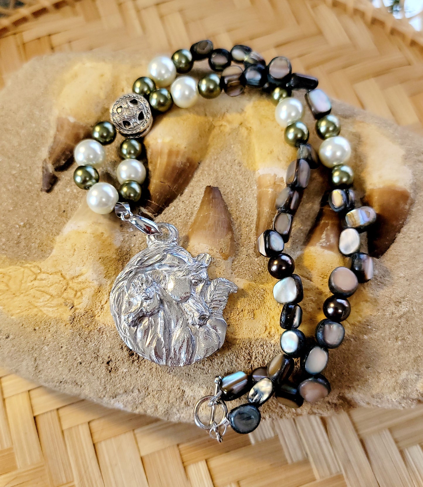 Pewter Arabian Mare and Foal Gemstone Necklace set earrings