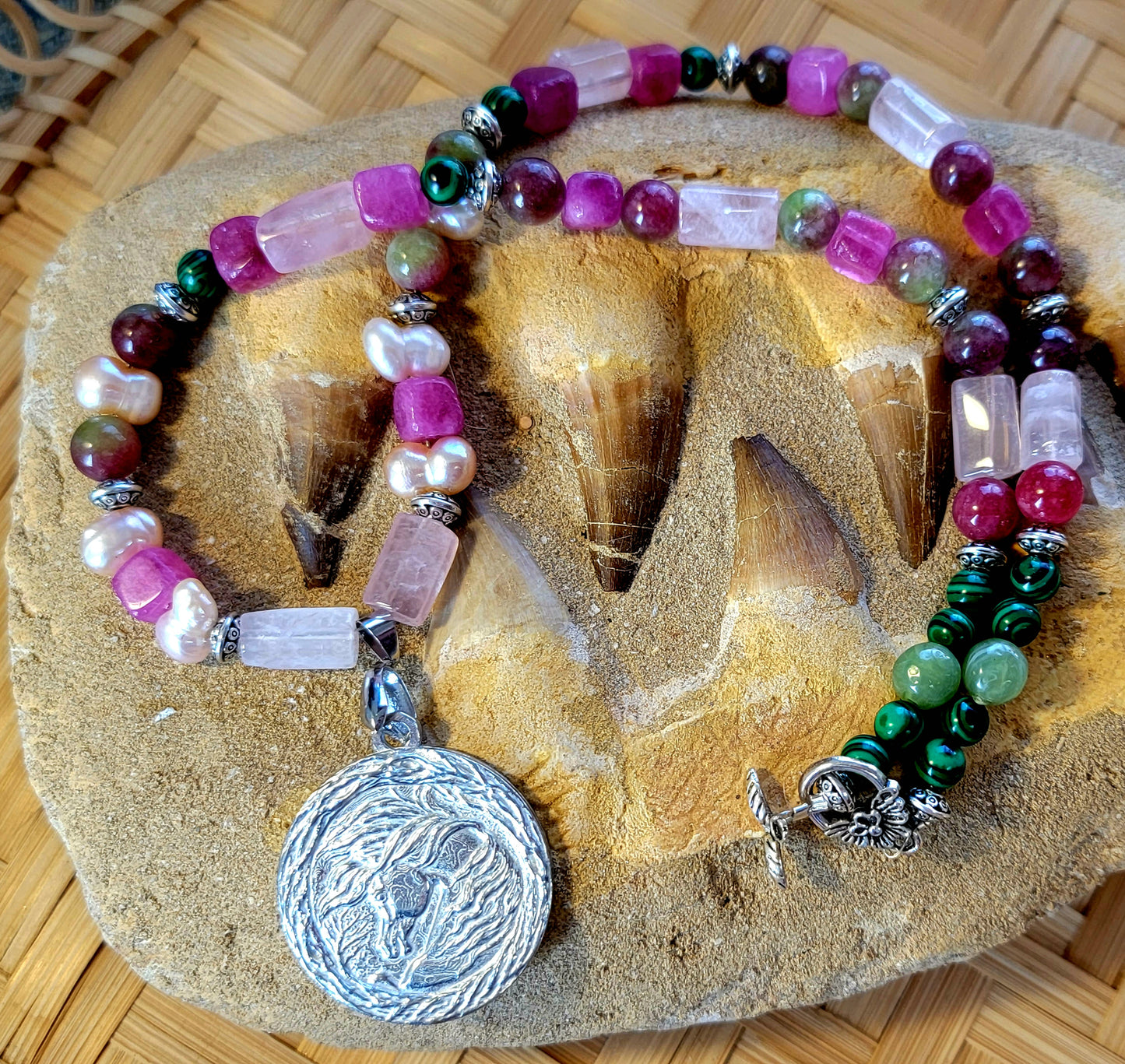 Pewter Arabian Horse Rose Quartz Gemstone Necklace Set earrings