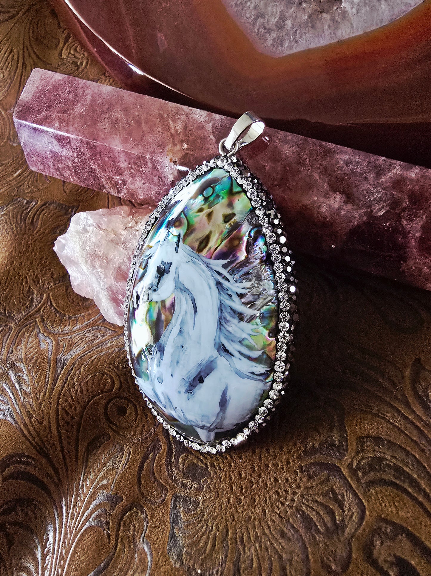 Hand-Painted Arabian Horse Pendant — Natural Abalone Shell with Pave Crystal Bezel