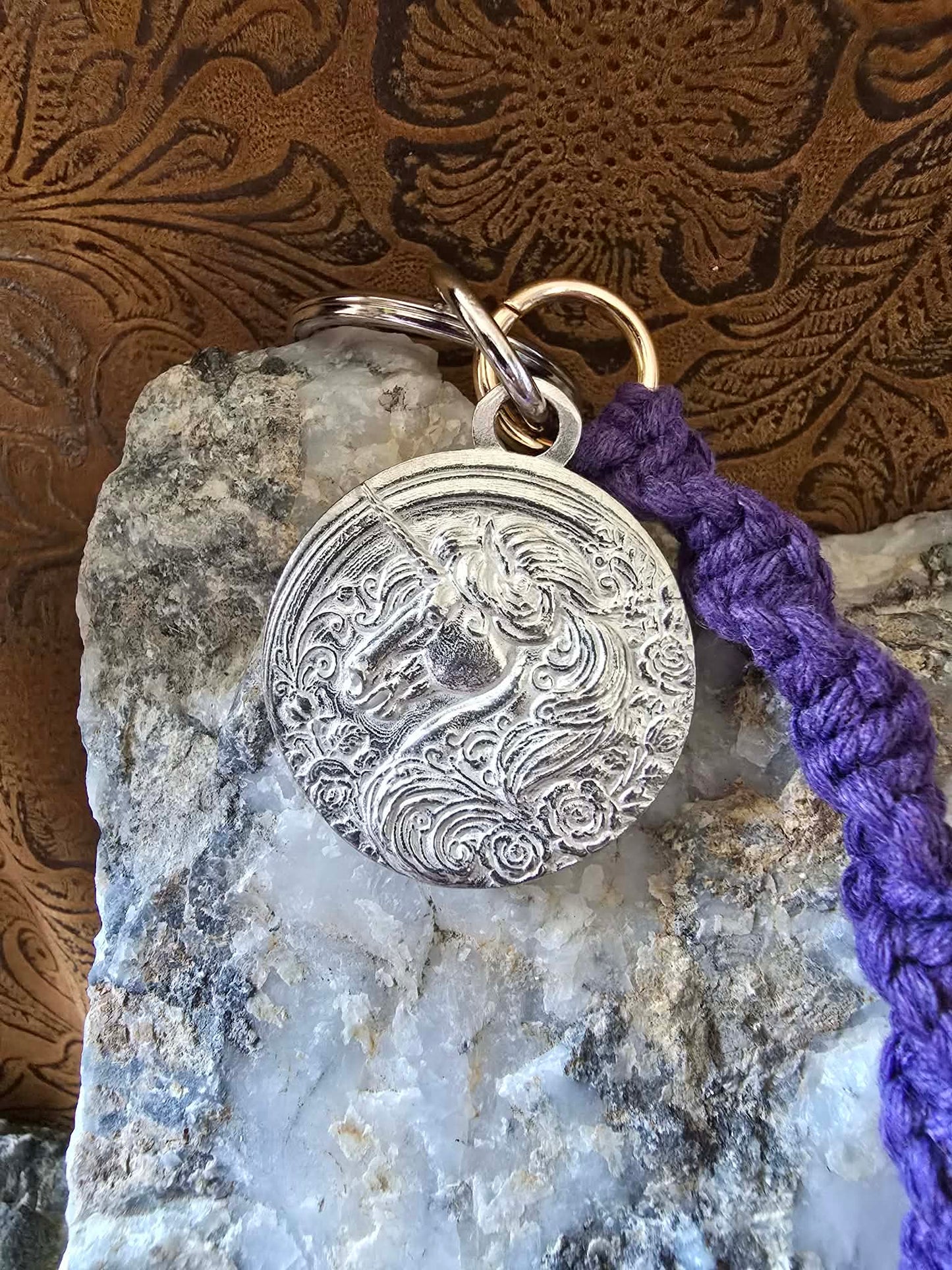 Unicorn Pewter Pendant Keychain Key Ring Macrame Lanyard