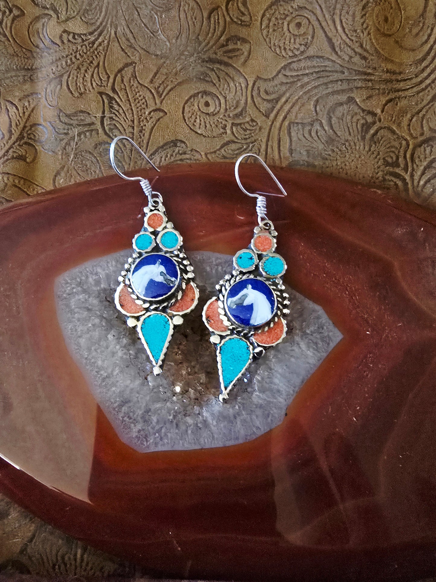 Hand-Painted Arabian Horse Sterling Silver Earrings — Lapis, Coral & Turquoise Inlay