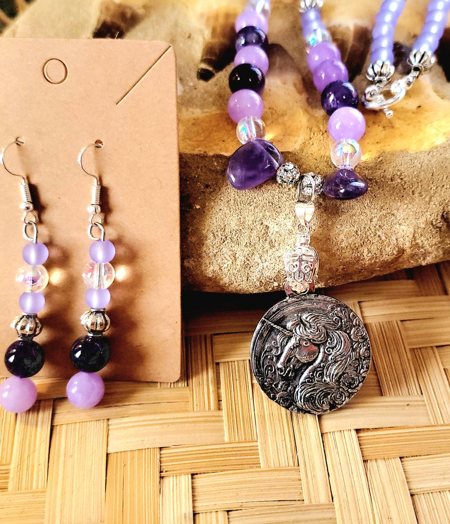 Beaded Unicorn Horse Pewter Necklace set