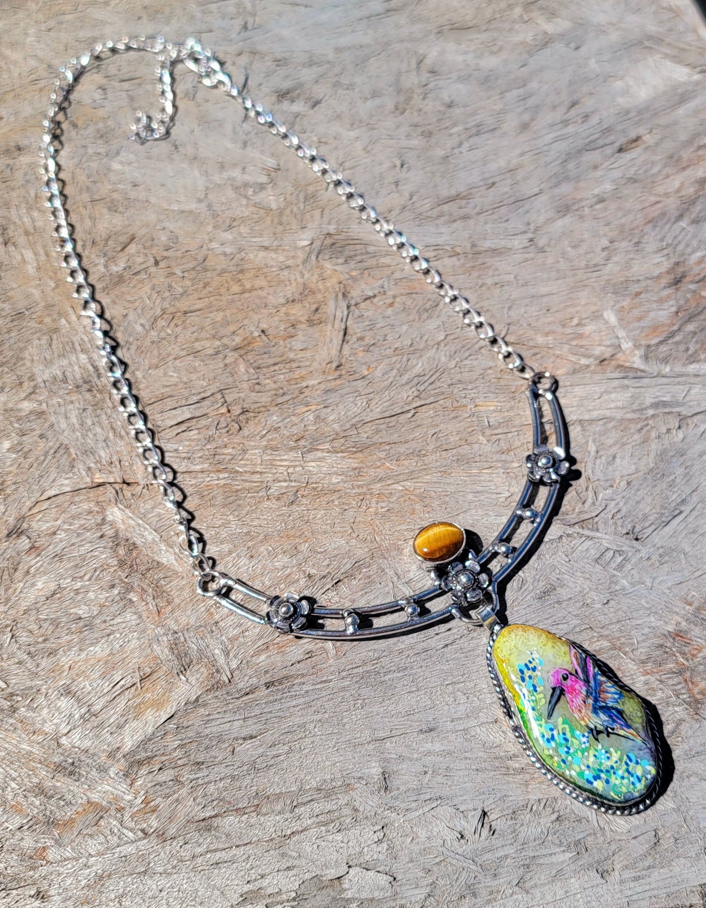 Hand Painted Hummingbird Solar Quartz & Tiger Eye Sterling Silver Necklace