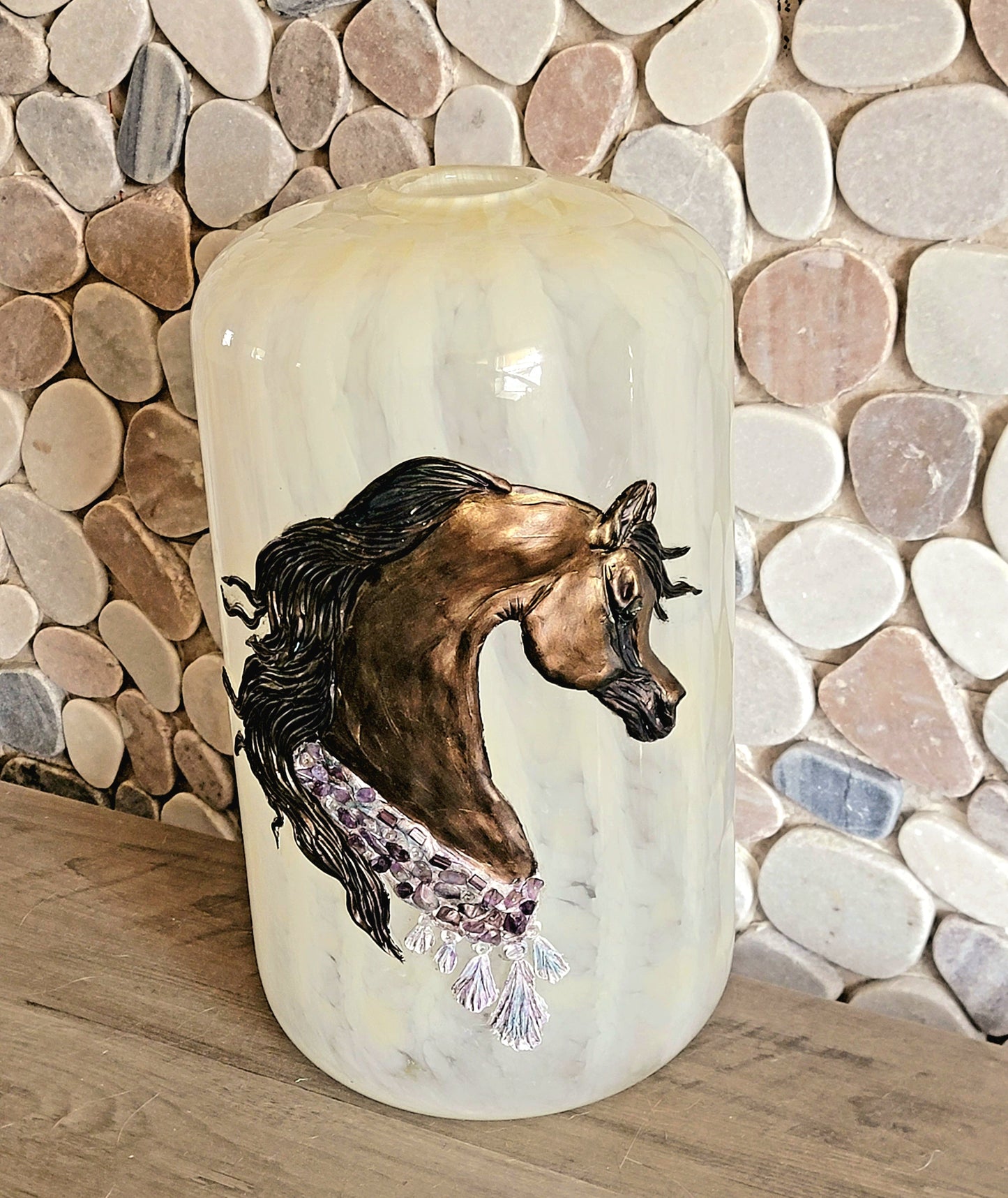 Arabian Horse Epoxy Resin Sculpture on Hand Blown White Swirl Glass Vase — Amethyst Gemstone Breast Collar