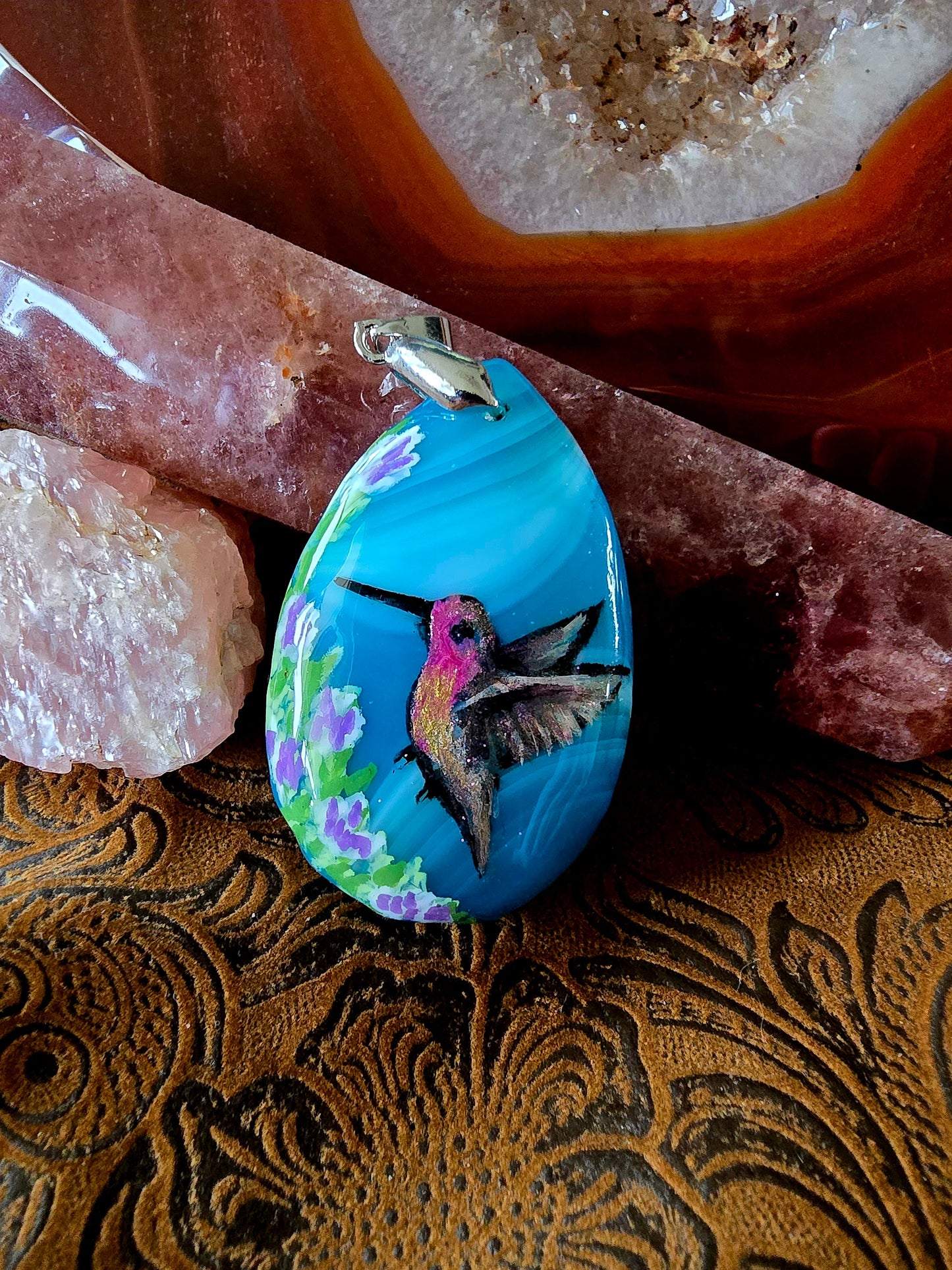 Hand-Painted Hummingbird Pendant — Turquoise Blue Dyed Brazilian Agate
