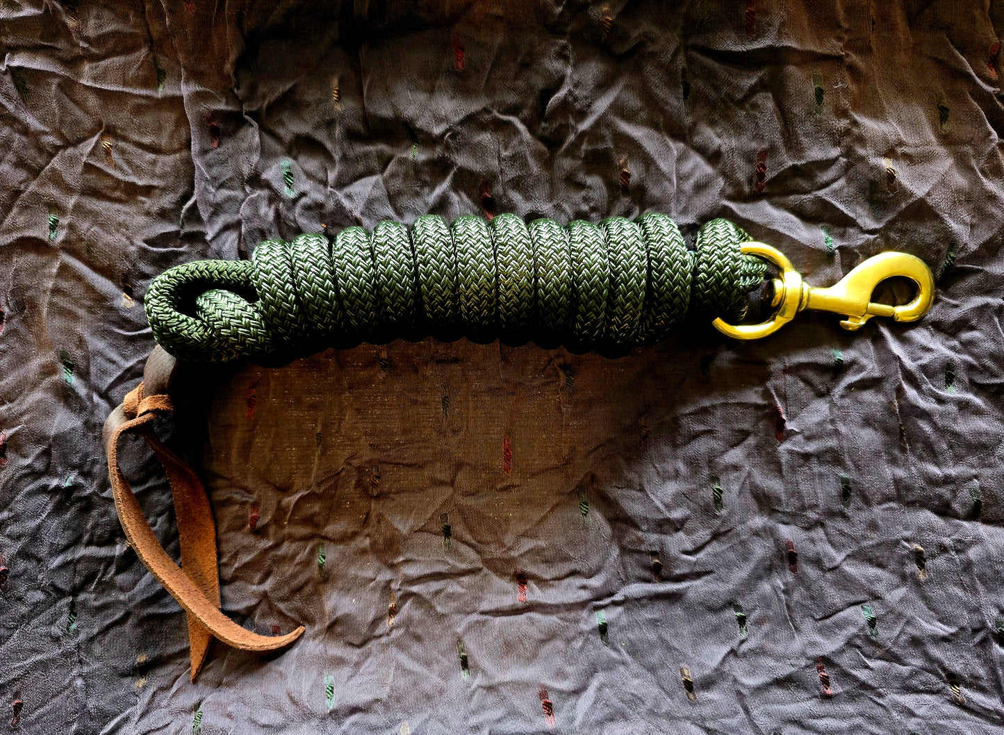 Handcrafted 10' Lead Rope with Leather Popper — Olive Green