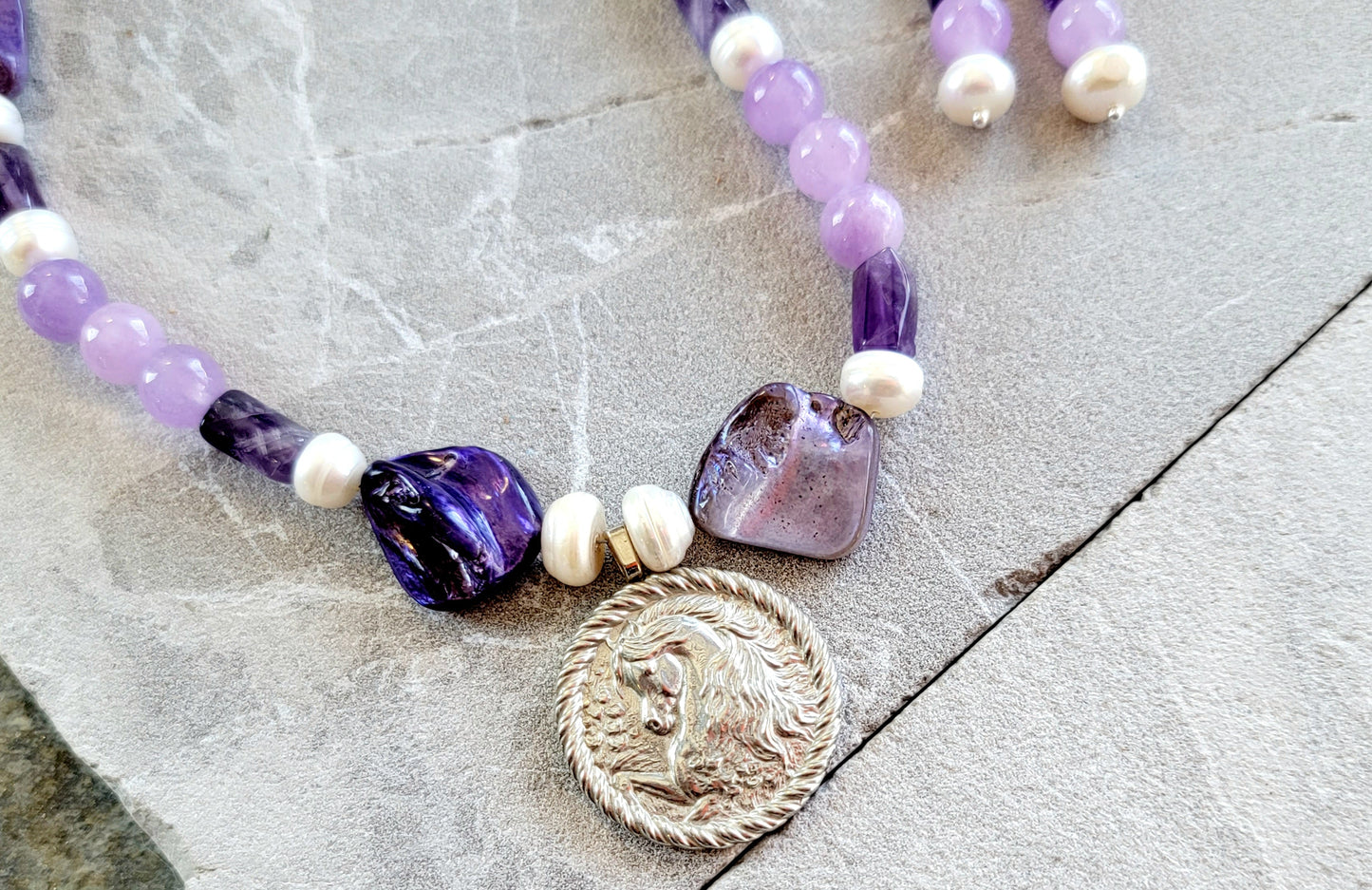 Exquisite Arabian Pewter Amethyst Pearl & Shell Necklace and Earring Set