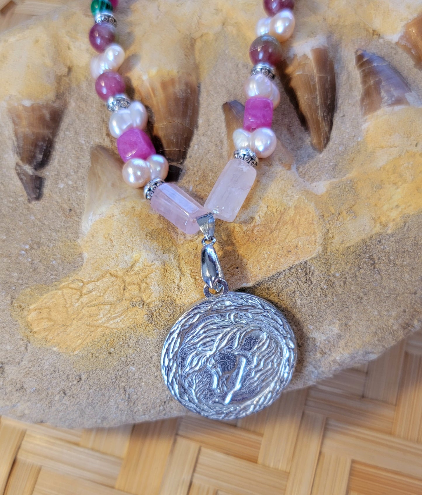Pewter Arabian Horse Rose Quartz Gemstone Necklace Set earrings
