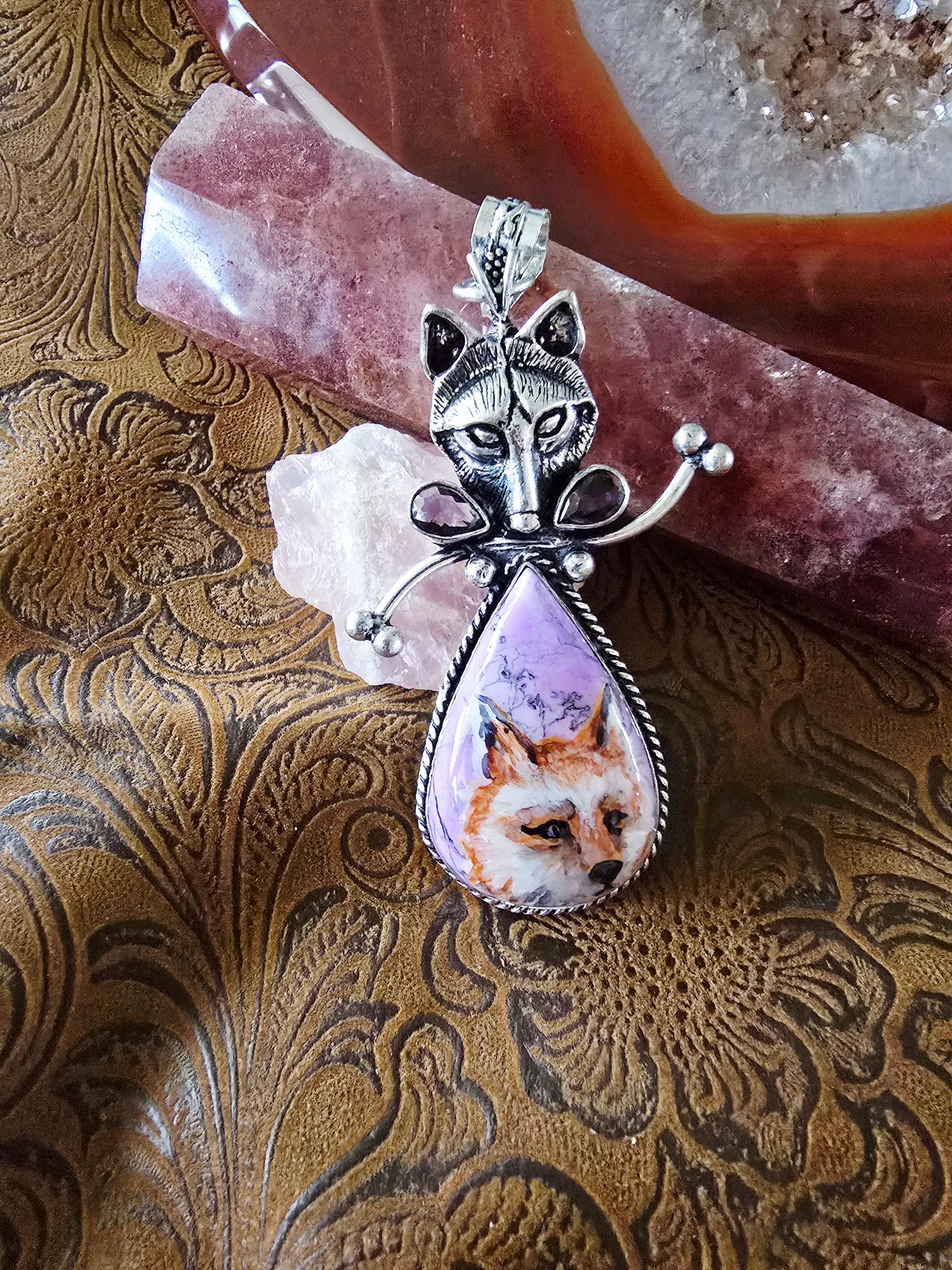 Hand-Painted Fox Portrait Pendant — Lavender Crazy Lace Agate — Fox-on-Fox