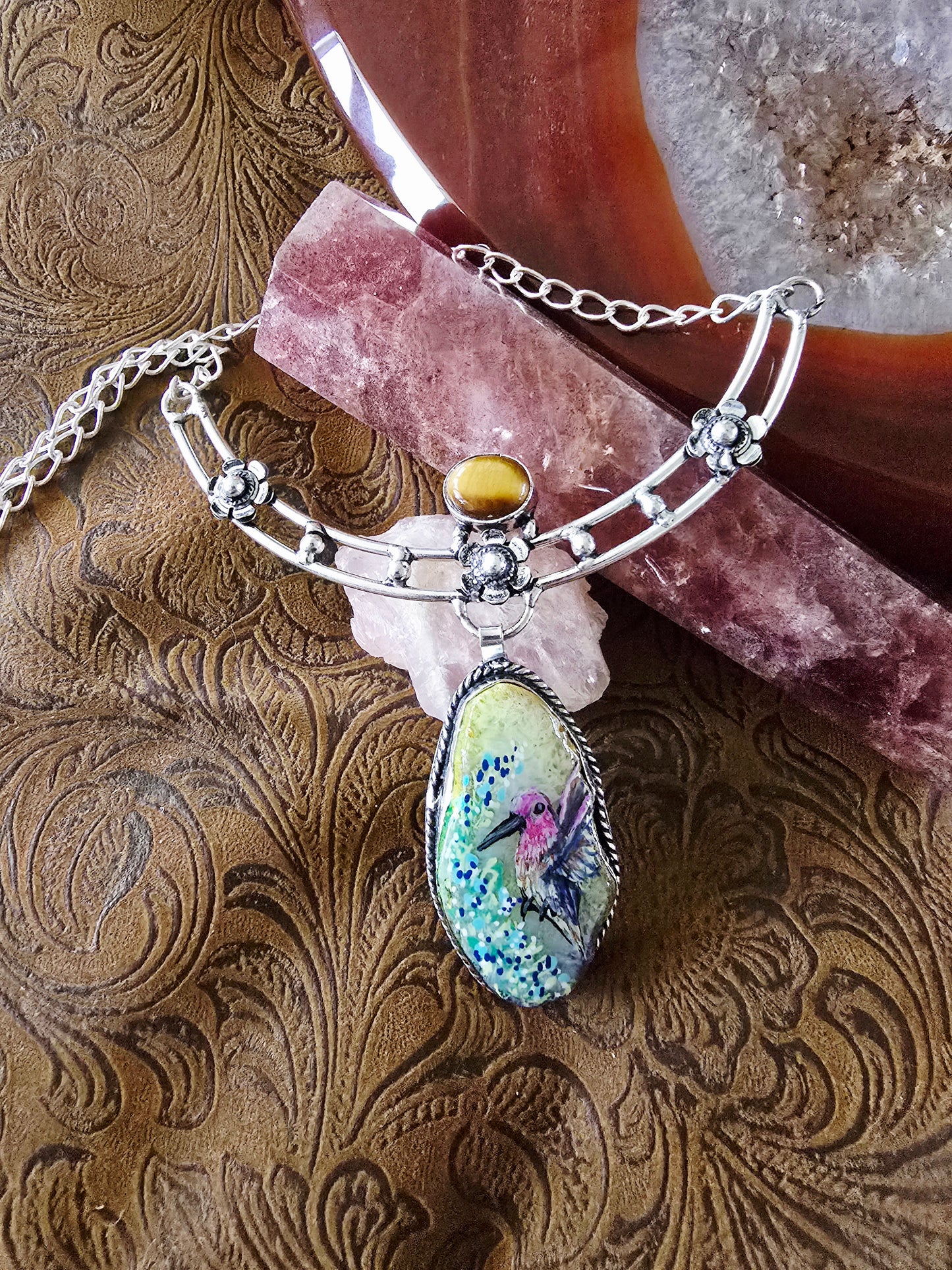 Hand Painted Hummingbird Solar Quartz & Tiger Eye Sterling Silver Necklace