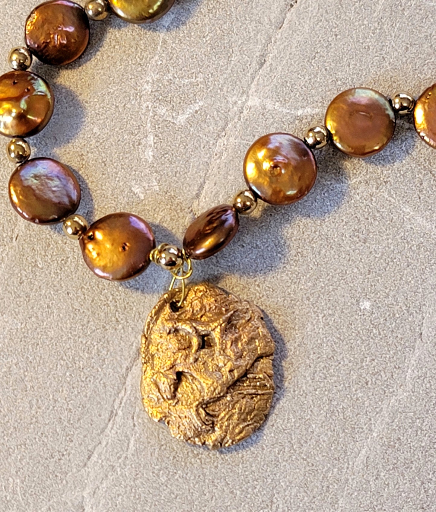 Hand Sculpted Bronze Hunter Jumper Pendant Copper Pearl Necklace