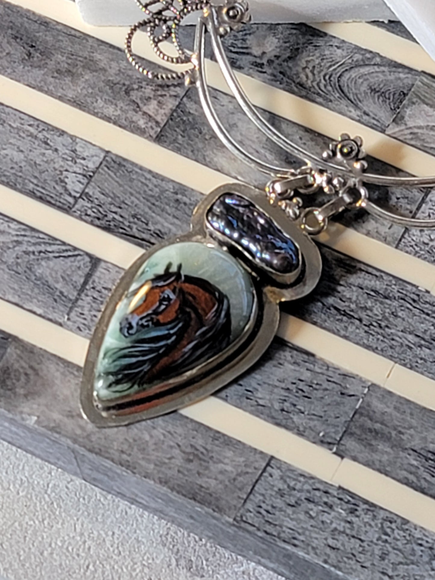 Hand-Painted Bay Horse Gemstone Necklace | Sterling Silver | Adjustable 20"