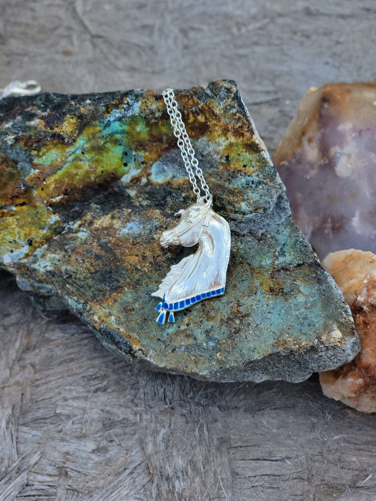 Sterling Silver Arabian Horse Necklace with Blue Enamel