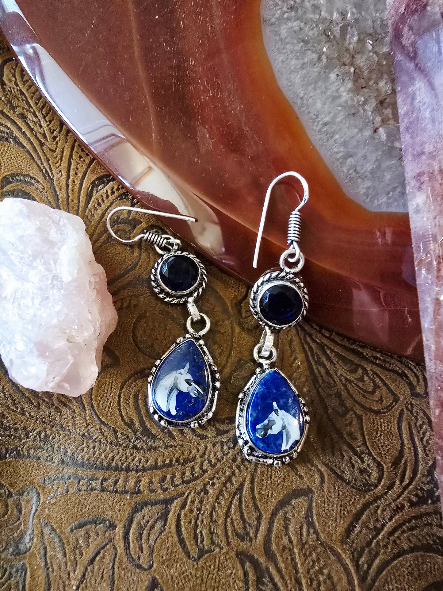 Hand-Painted Arabian Horse Earrings — Lapis Lazuli & Black Sapphire