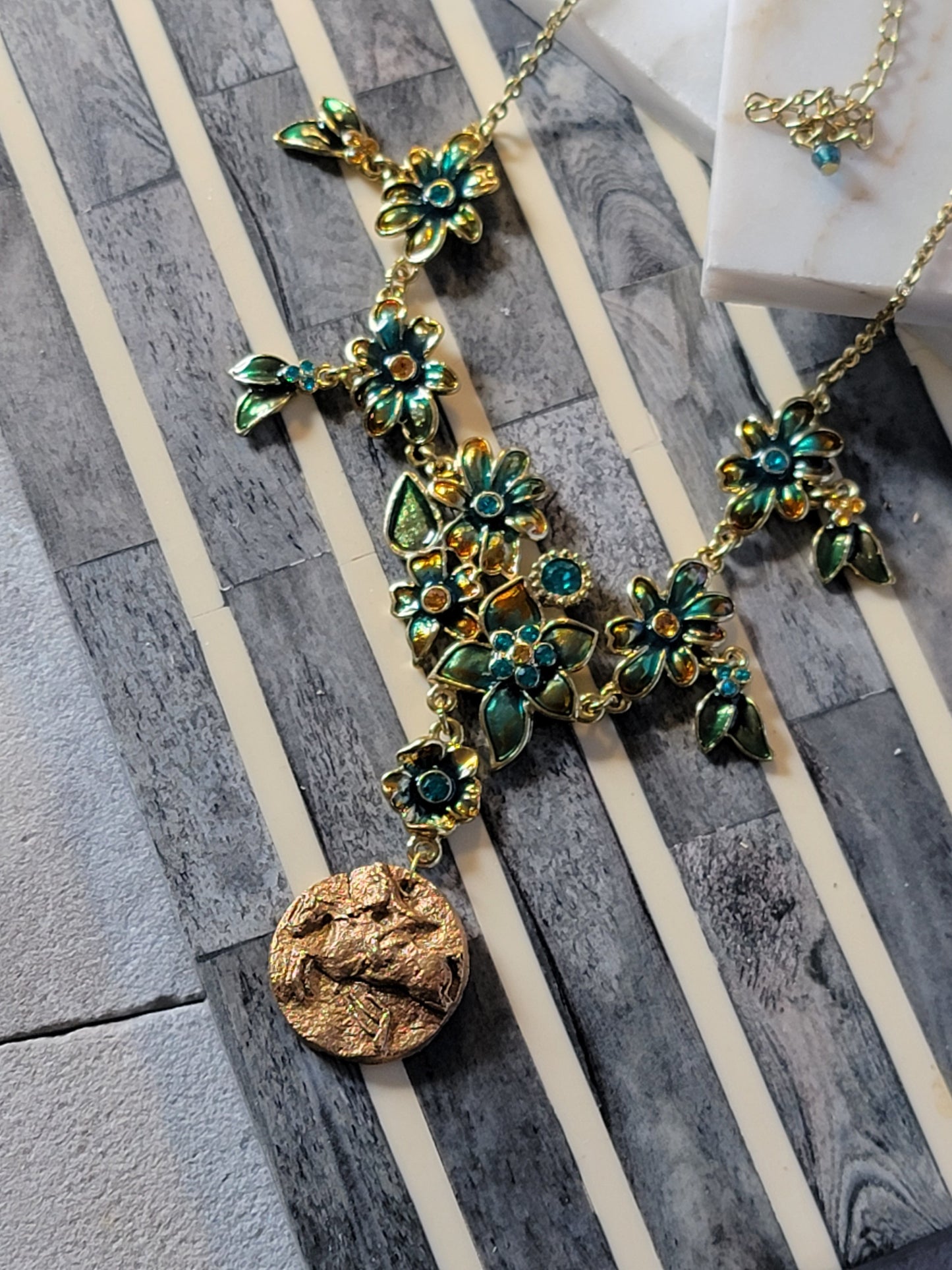 Hunter Jumper Bronze Clay & Teal Enamel Floral Necklace