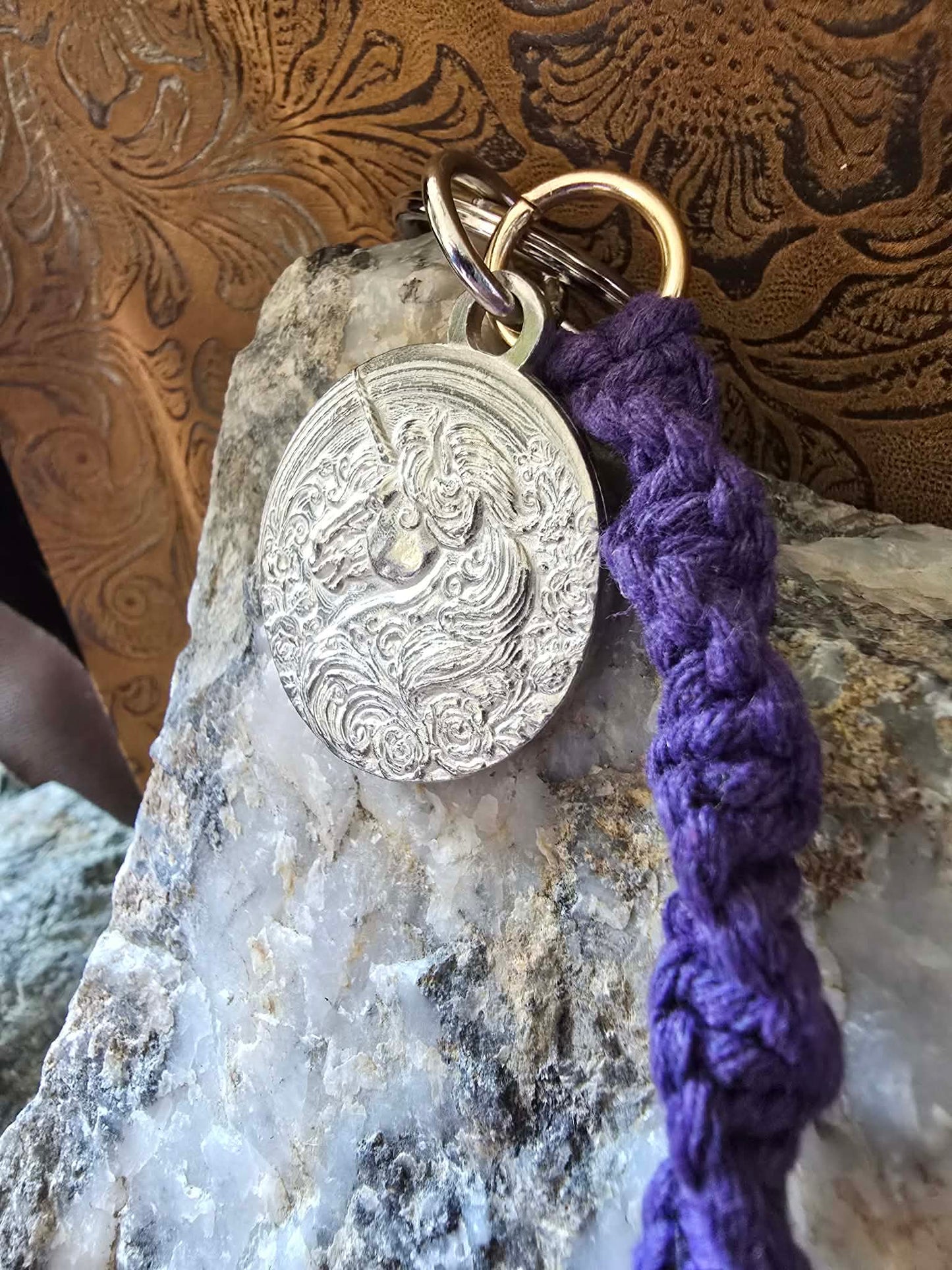 Unicorn Pewter Pendant Keychain Key Ring Macrame Lanyard