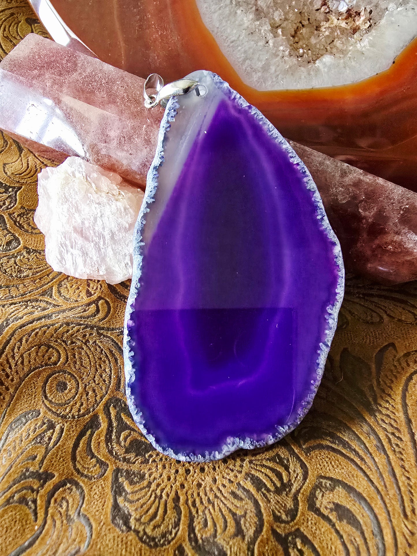 Hand-Painted Three Horses Pendant — Purple Dyed Brazilian Agate Slice
