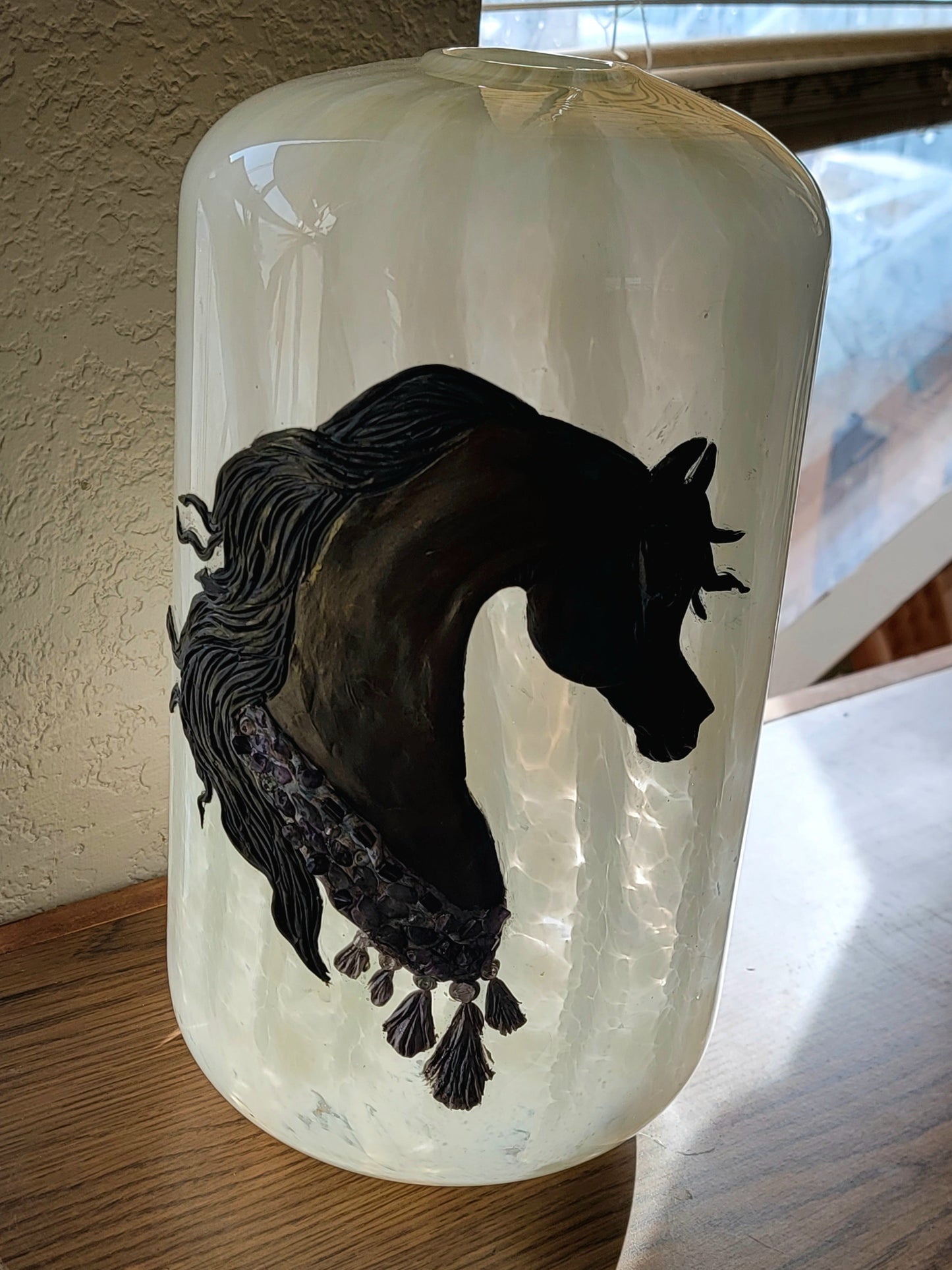 Arabian Horse Epoxy Resin Sculpture on Hand Blown White Swirl Glass Vase — Amethyst Gemstone Breast Collar